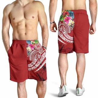 Polynesian American Samoa Men Shorts - Summer Plumeria (Red)