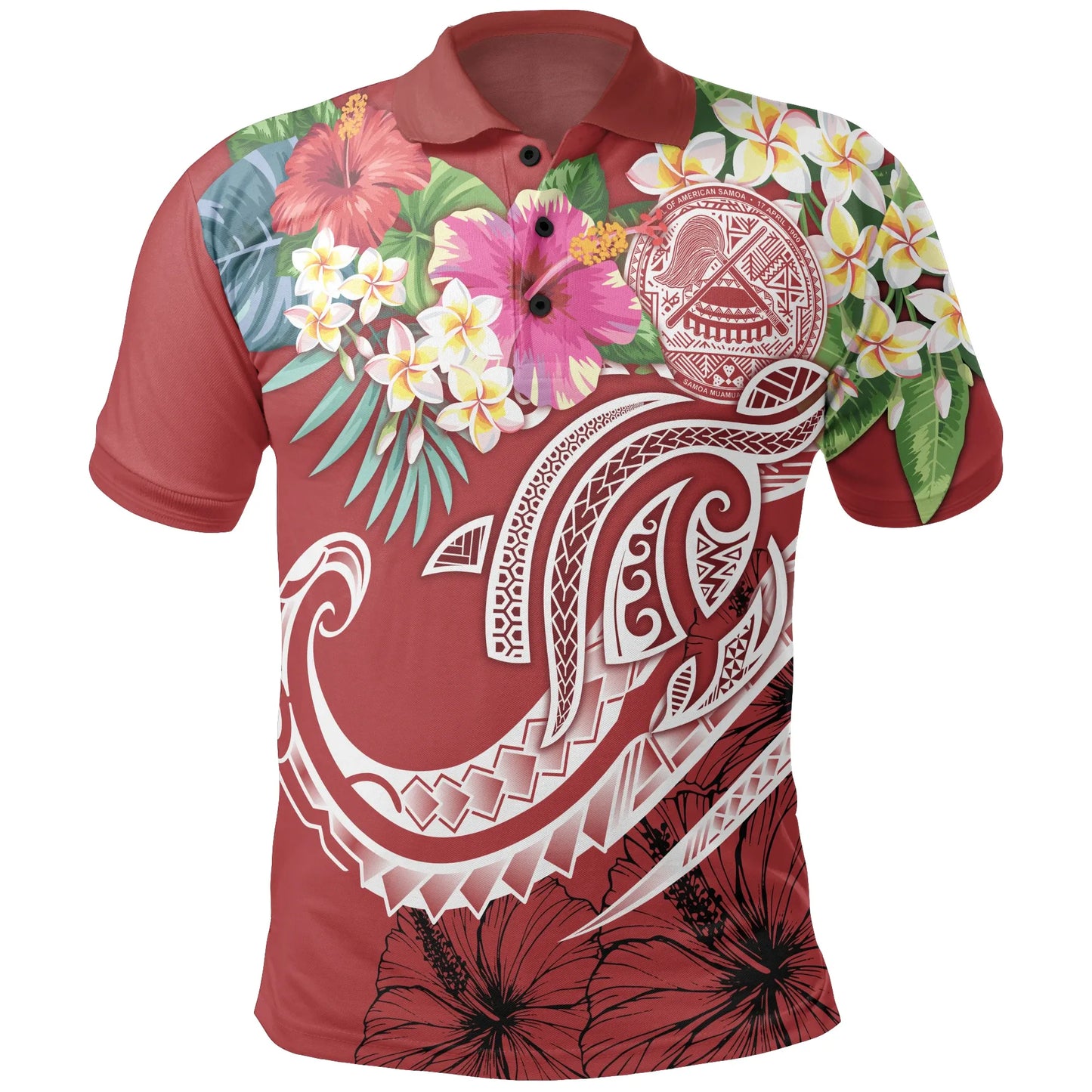 Polynesian American Samoa Polo Shirt - Summer Plumeria (Red)