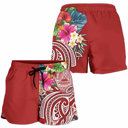 Polynesian American Samoa Women Shorts - Summer Plumeria (Red)