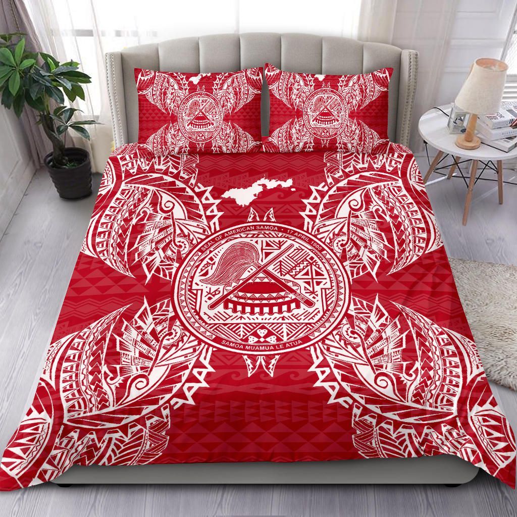 Polynesian Bedding Set - American Samoa Duvet Cover Set Map Red White