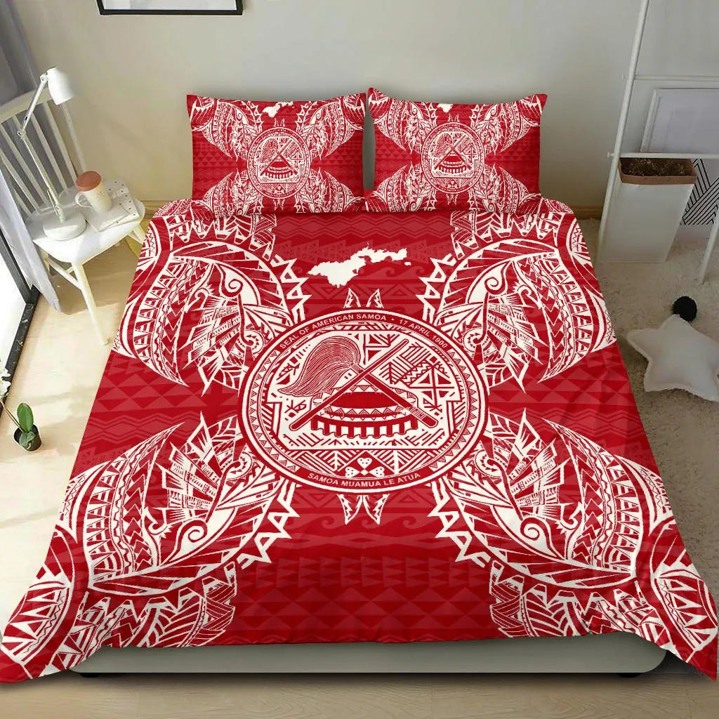 Polynesian Bedding Set - American Samoa Duvet Cover Set Map Red White