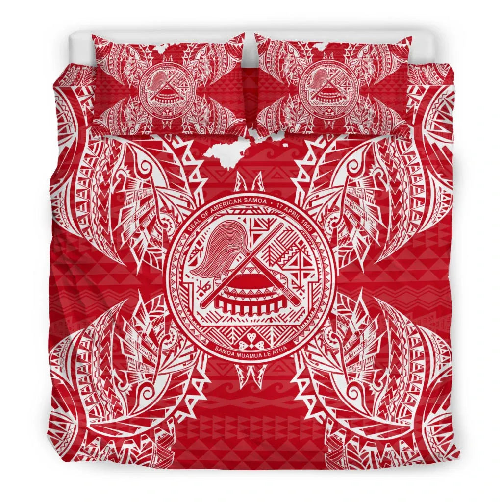 Polynesian Bedding Set - American Samoa Duvet Cover Set Map Red White