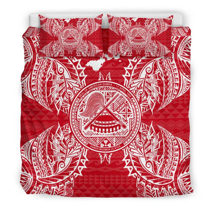 Polynesian Bedding Set - American Samoa Duvet Cover Set Map Red White