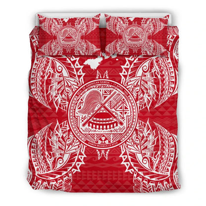 Polynesian Bedding Set - American Samoa Duvet Cover Set Map Red White