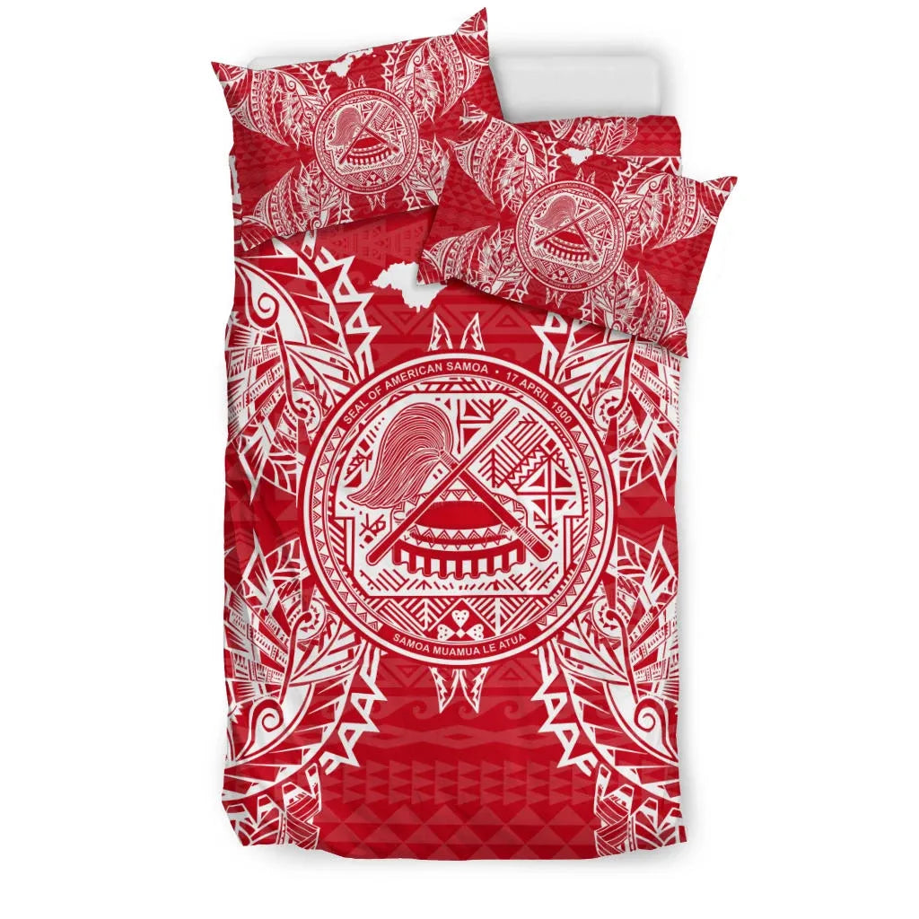 Polynesian Bedding Set - American Samoa Duvet Cover Set Map Red White
