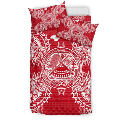 Polynesian Bedding Set - American Samoa Duvet Cover Set Map Red White
