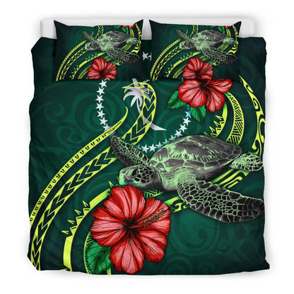 Polynesian Bedding Set - Chuuk Micronesia Duvet Cover Set Green Turtle Hibiscus