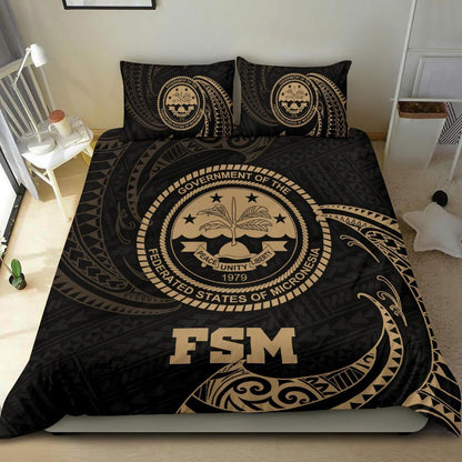 Polynesian Bedding Set - Federated States Of Micronesia Duvet Cover Set Gold Tribal Wave