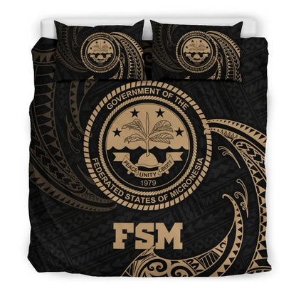 Polynesian Bedding Set - Federated States Of Micronesia Duvet Cover Set Gold Tribal Wave