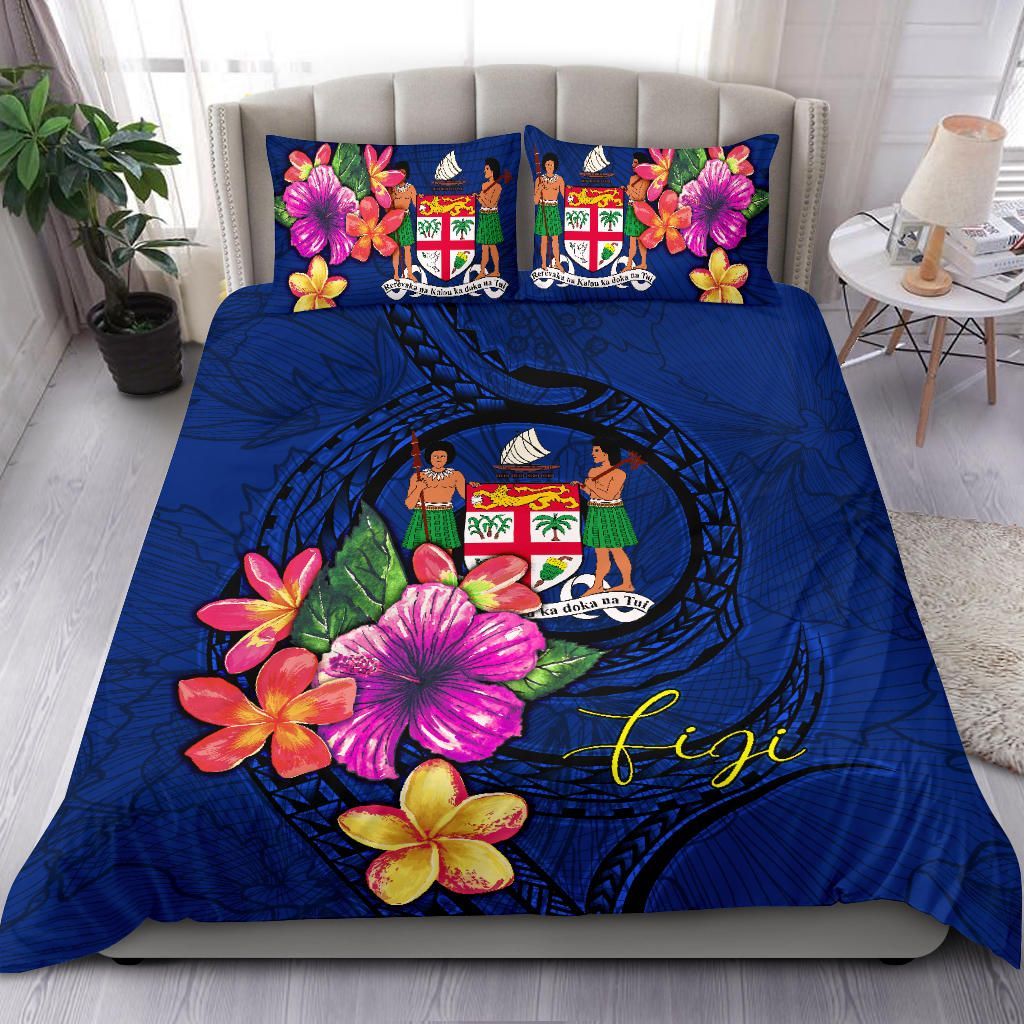 Polynesian Bedding Set - Fiji Duvet Cover Set Floral With Seal Blue