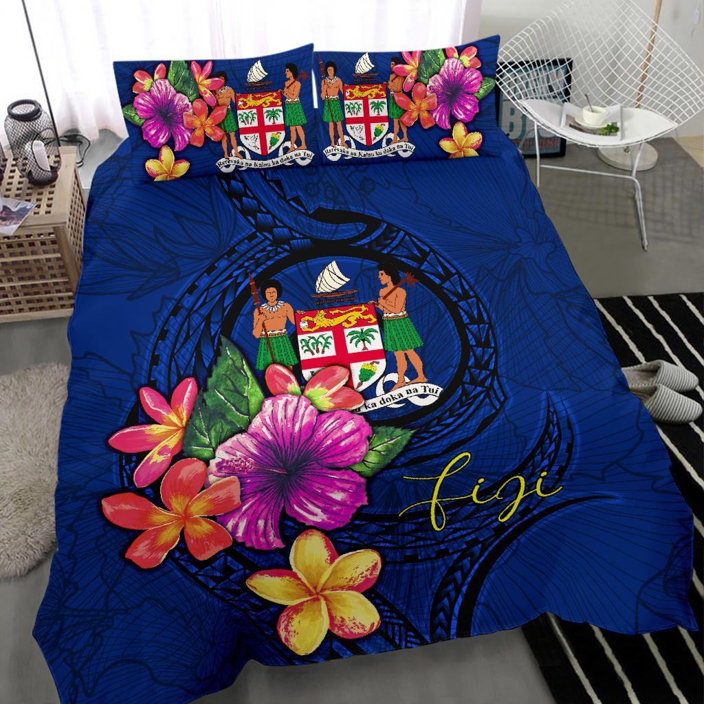 Polynesian Bedding Set - Fiji Duvet Cover Set Floral With Seal Blue