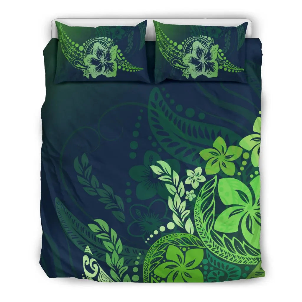 Polynesian Duvet Cover Set - Green Hibiscus Style