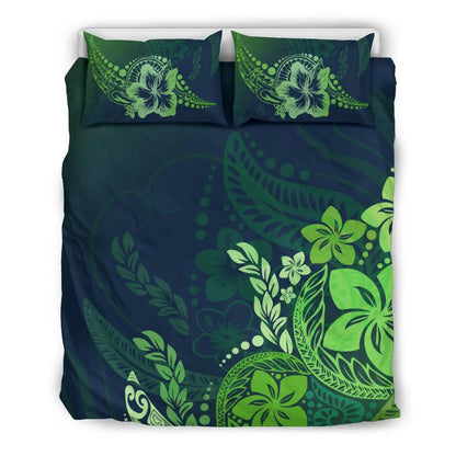 Polynesian Duvet Cover Set - Green Hibiscus Style
