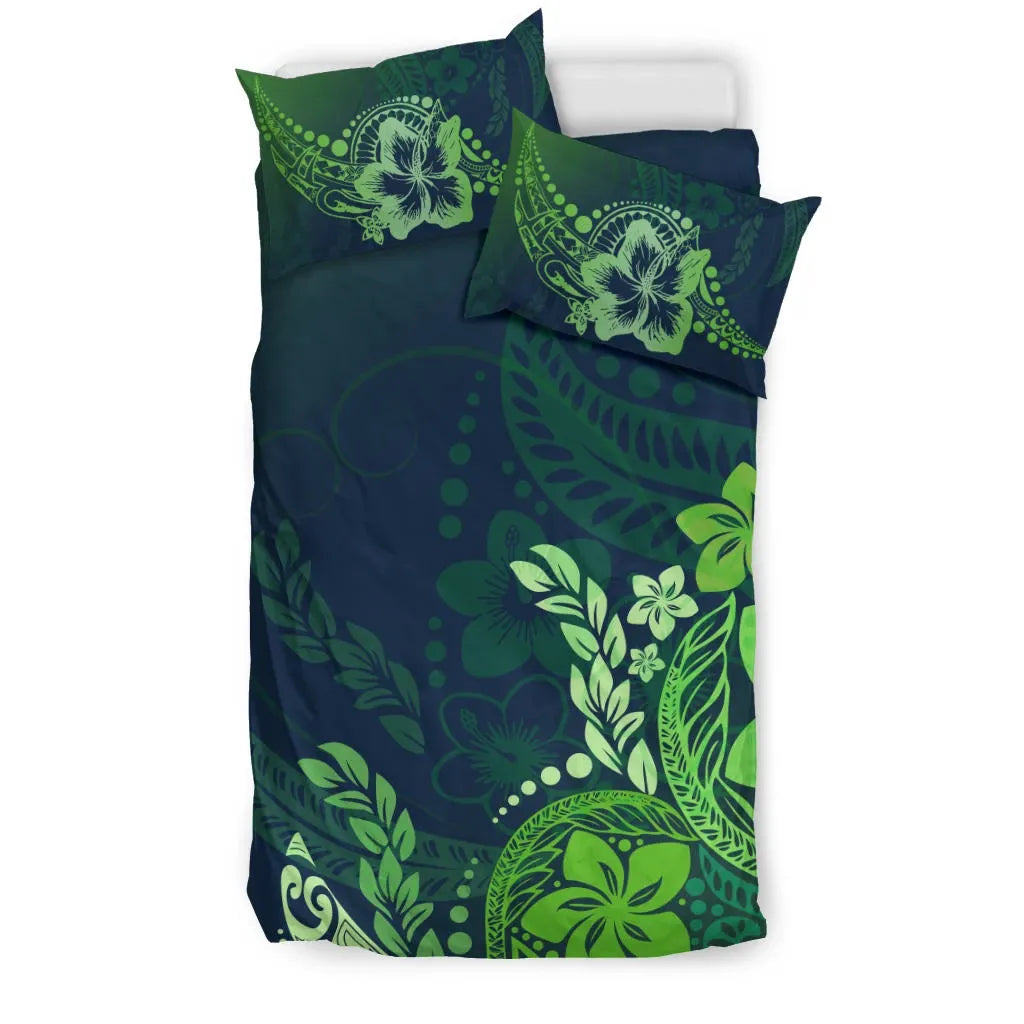 Polynesian Duvet Cover Set - Green Hibiscus Style