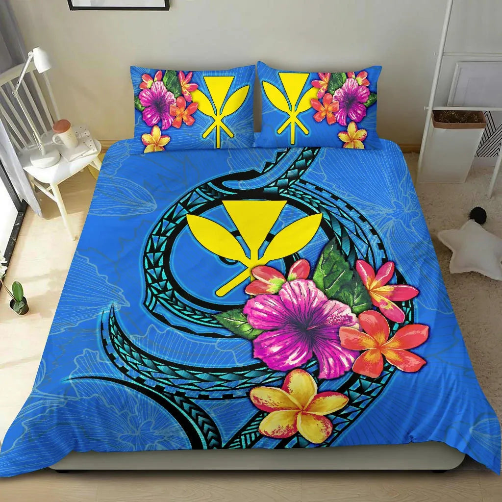 Polynesian Bedding Set - Hawaii Duvet Cover Set Floral With Seal Neon Blue