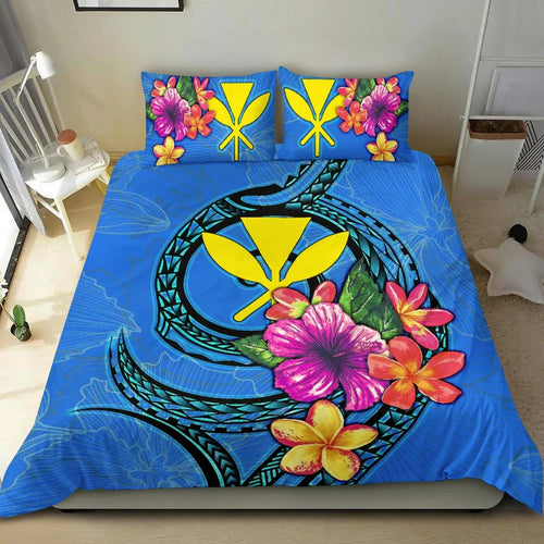 Polynesian Bedding Set - Hawaii Duvet Cover Set Floral With Seal Neon Blue