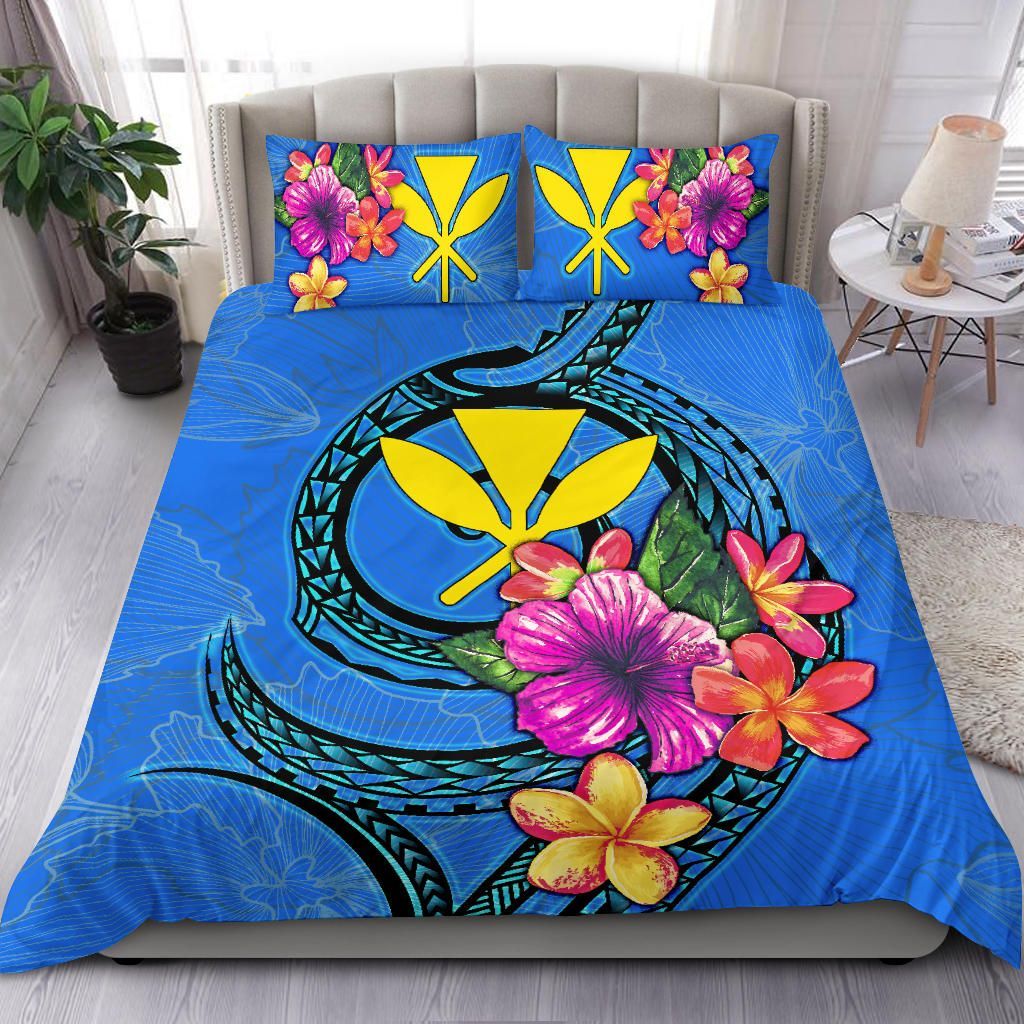 Polynesian Bedding Set - Hawaii Duvet Cover Set Floral With Seal Neon Blue