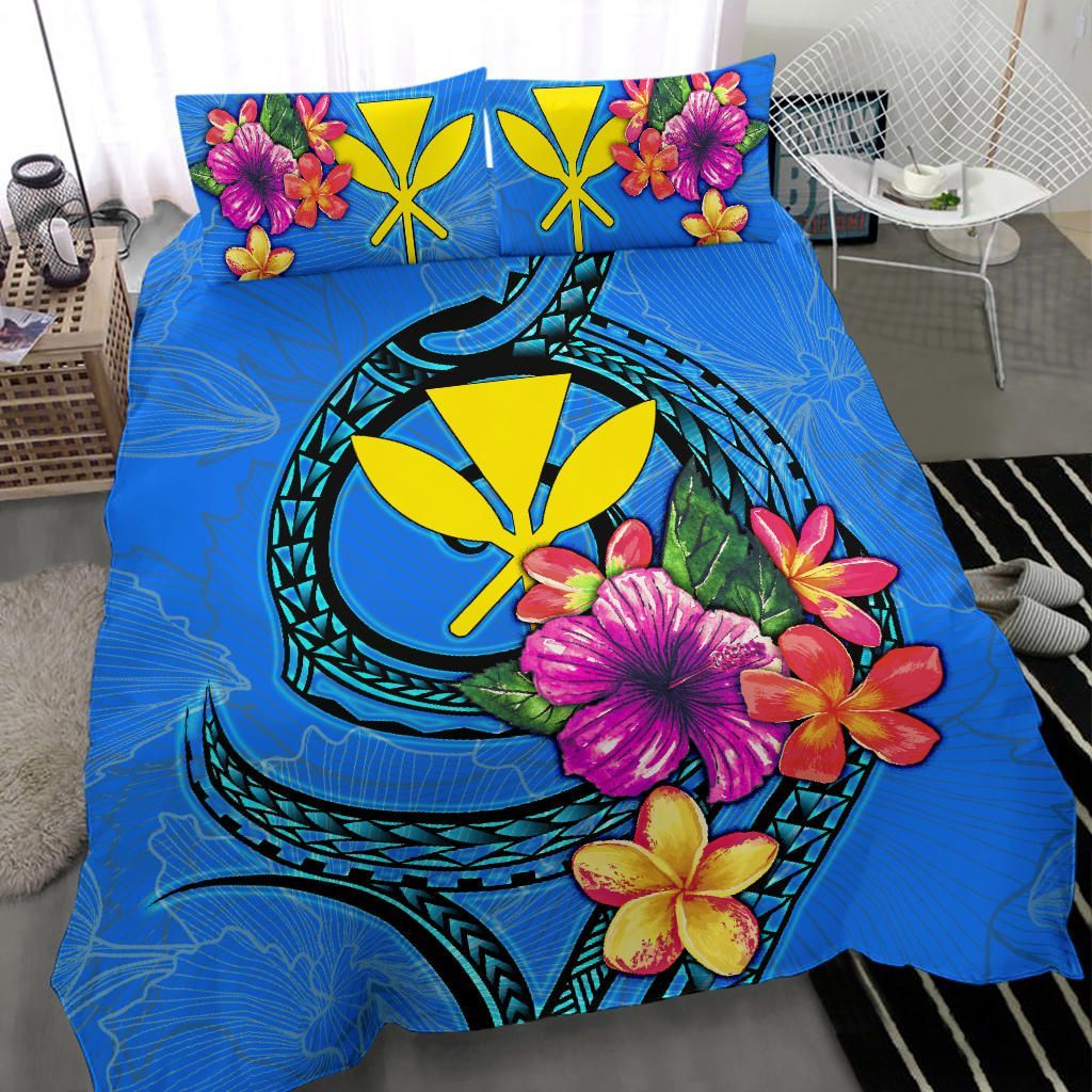 Polynesian Bedding Set - Hawaii Duvet Cover Set Floral With Seal Neon Blue