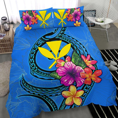 Polynesian Bedding Set - Hawaii Duvet Cover Set Floral With Seal Neon Blue