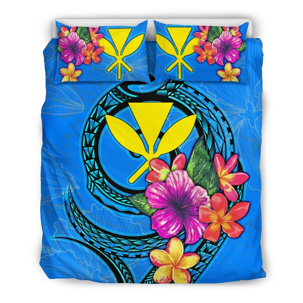 Polynesian Bedding Set - Hawaii Duvet Cover Set Floral With Seal Neon Blue