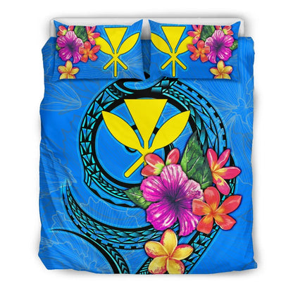 Polynesian Bedding Set - Hawaii Duvet Cover Set Floral With Seal Neon Blue