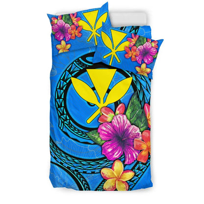 Polynesian Bedding Set - Hawaii Duvet Cover Set Floral With Seal Neon Blue