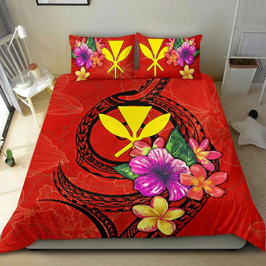 Polynesian Bedding Set - Hawaii Duvet Cover Set Floral With Seal Red