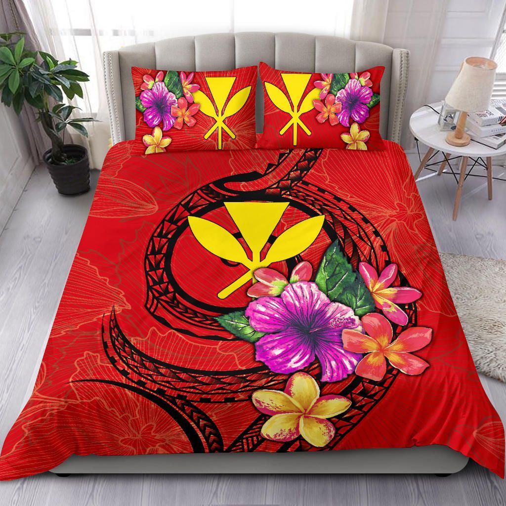 Polynesian Bedding Set - Hawaii Duvet Cover Set Floral With Seal Red