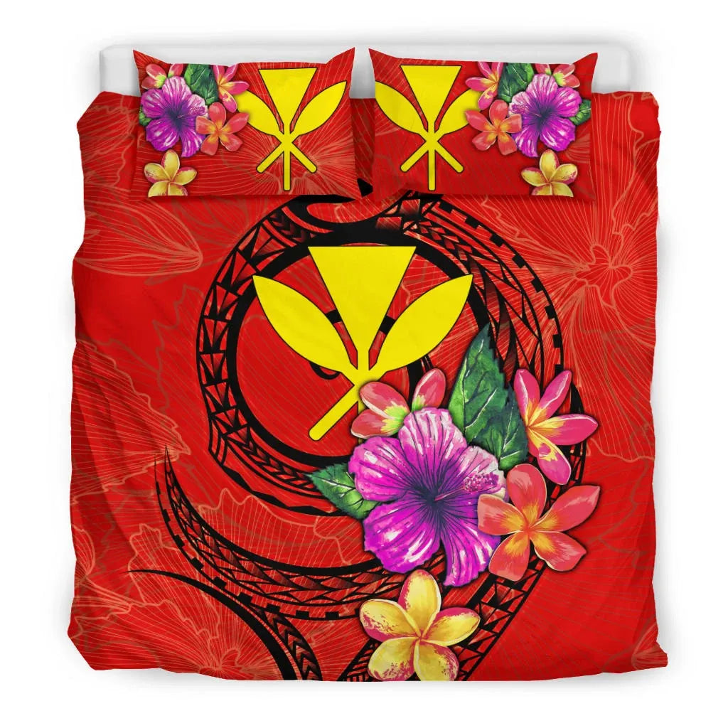 Polynesian Bedding Set - Hawaii Duvet Cover Set Floral With Seal Red