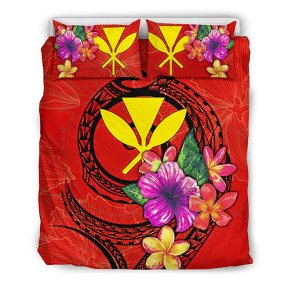 Polynesian Bedding Set - Hawaii Duvet Cover Set Floral With Seal Red