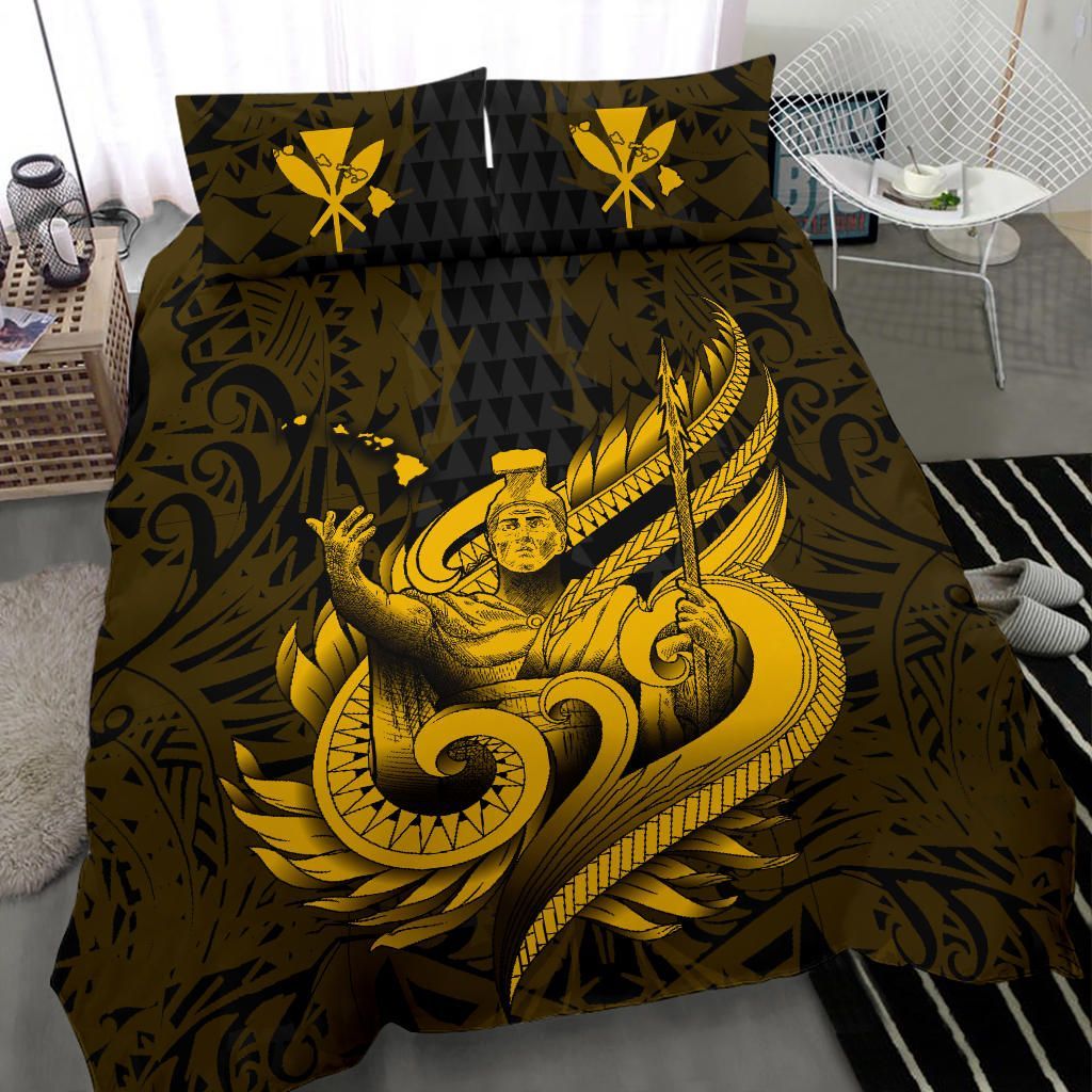 Polynesian Bedding Set - Hawaii Duvet Cover Set Kamehameha King Gold Color
