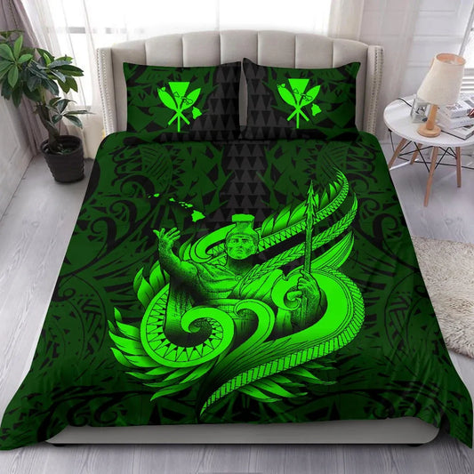 Polynesian Bedding Set - Hawaii Duvet Cover Set Kamehameha King Green Color