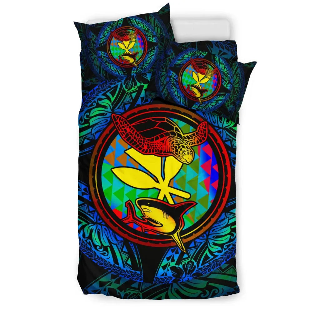 Polynesian Bedding Set - Hawaii (Kanaka Maoli) Duvet Cover Set - Colorful Turtle Shark