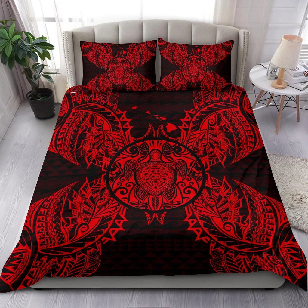 Polynesian Bedding Set - Hawaii Turtle Duvet Cover Set Map Red
