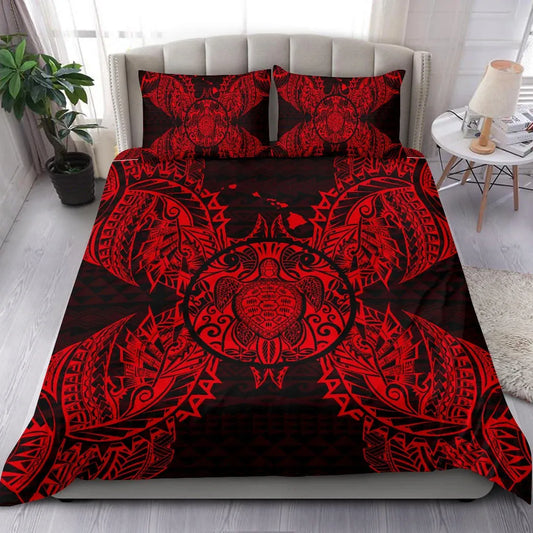 Polynesian Bedding Set - Hawaii Turtle Duvet Cover Set Map Red