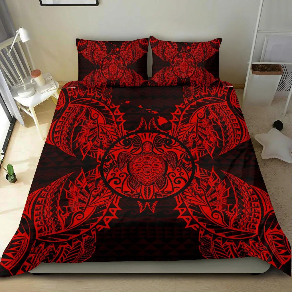 Polynesian Bedding Set - Hawaii Turtle Duvet Cover Set Map Red