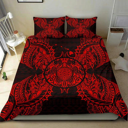 Polynesian Bedding Set - Hawaii Turtle Duvet Cover Set Map Red