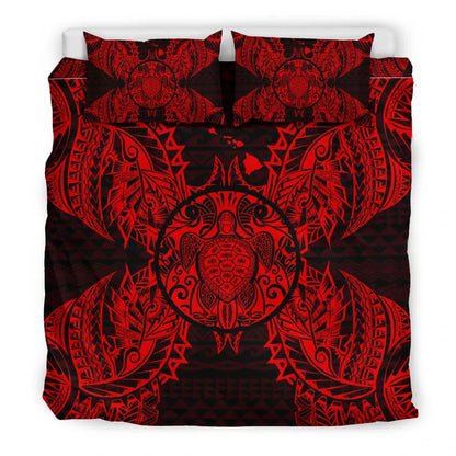 Polynesian Bedding Set - Hawaii Turtle Duvet Cover Set Map Red