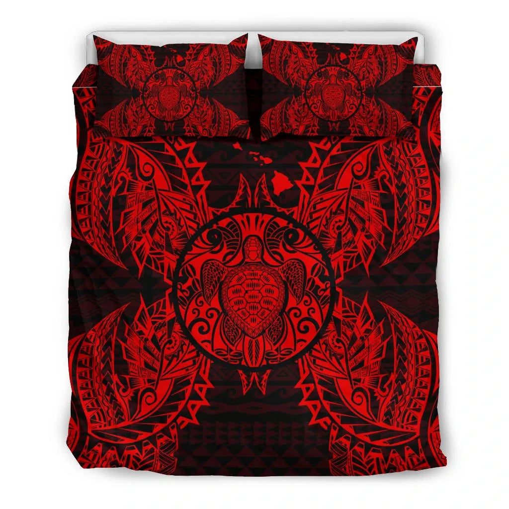 Polynesian Bedding Set - Hawaii Turtle Duvet Cover Set Map Red