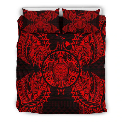Polynesian Bedding Set - Hawaii Turtle Duvet Cover Set Map Red