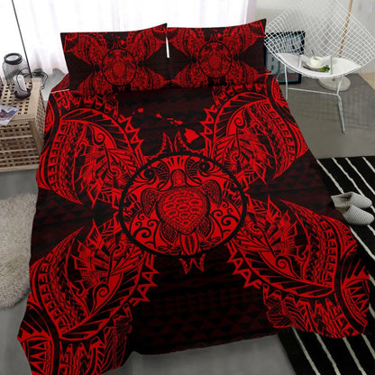 Polynesian Bedding Set - Hawaii Turtle Duvet Cover Set Map Red