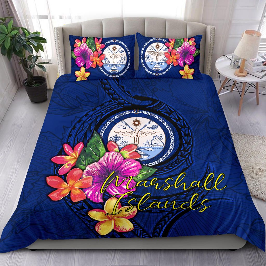 Polynesian Bedding Set - Marshall Islands Duvet Cover Set Floral With Seal Blue