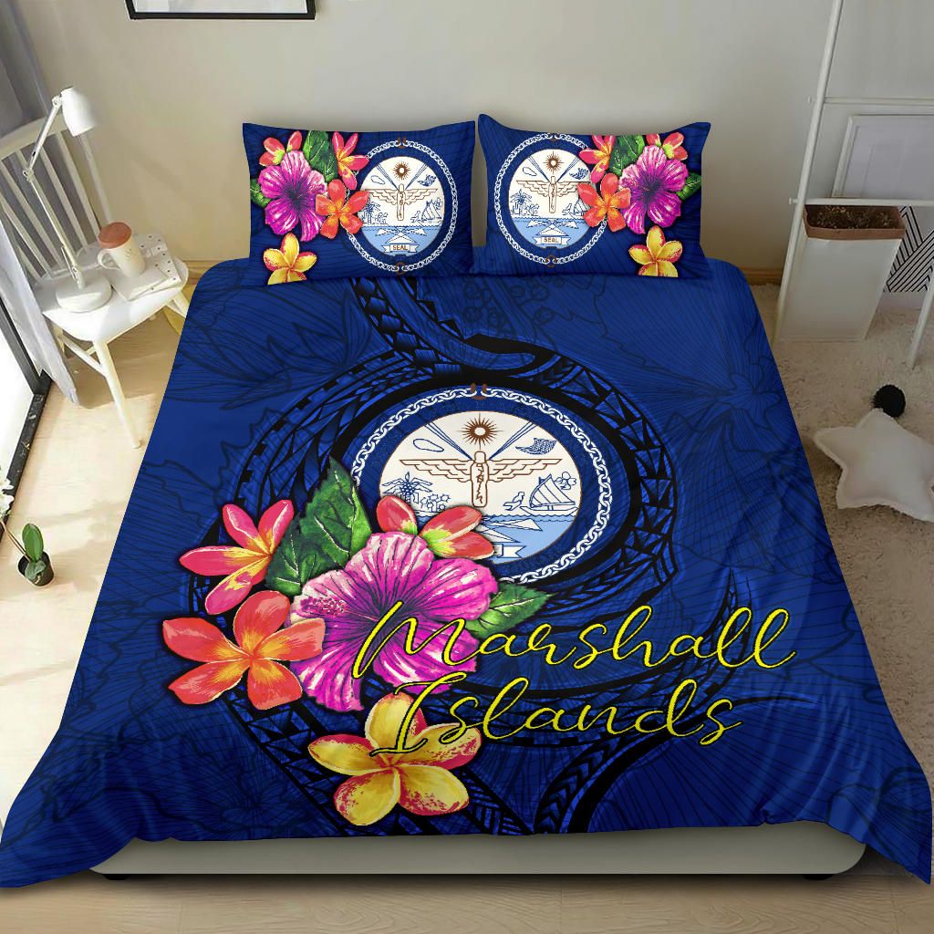 Polynesian Bedding Set - Marshall Islands Duvet Cover Set Floral With Seal Blue