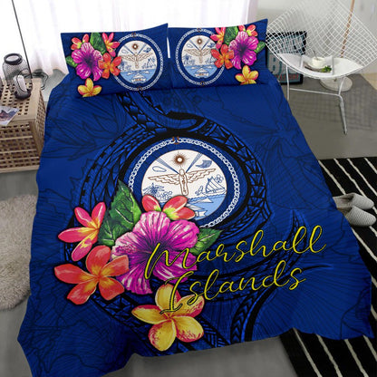 Polynesian Bedding Set - Marshall Islands Duvet Cover Set Floral With Seal Blue