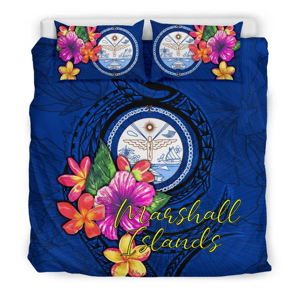 Polynesian Bedding Set - Marshall Islands Duvet Cover Set Floral With Seal Blue