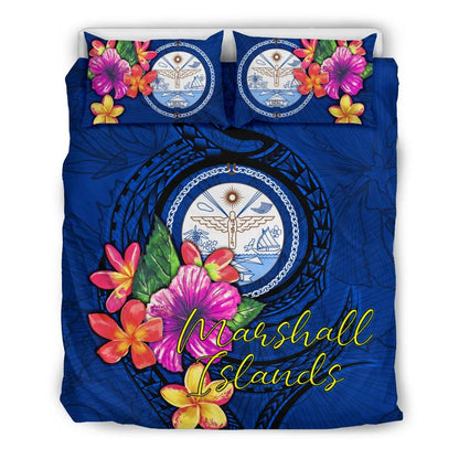Polynesian Bedding Set - Marshall Islands Duvet Cover Set Floral With Seal Blue