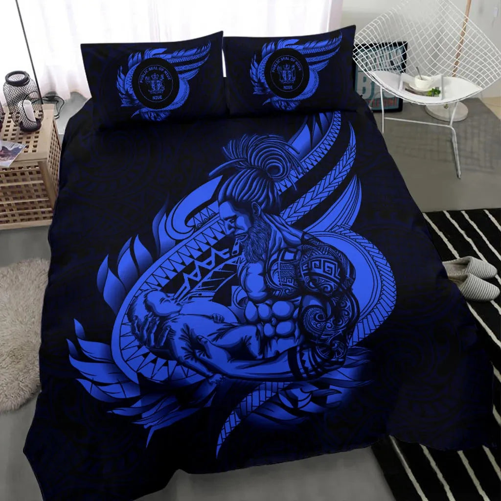 Polynesian Bedding Set - Niue Duvet Cover Set Father And Son Blue