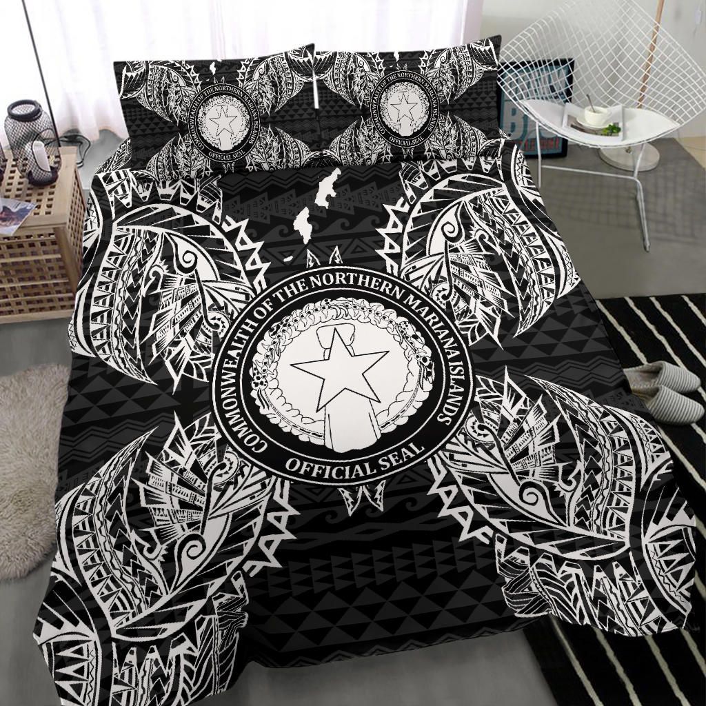 Polynesian Bedding Set - Northern Mariana Islands Duvet Cover Set Map Black