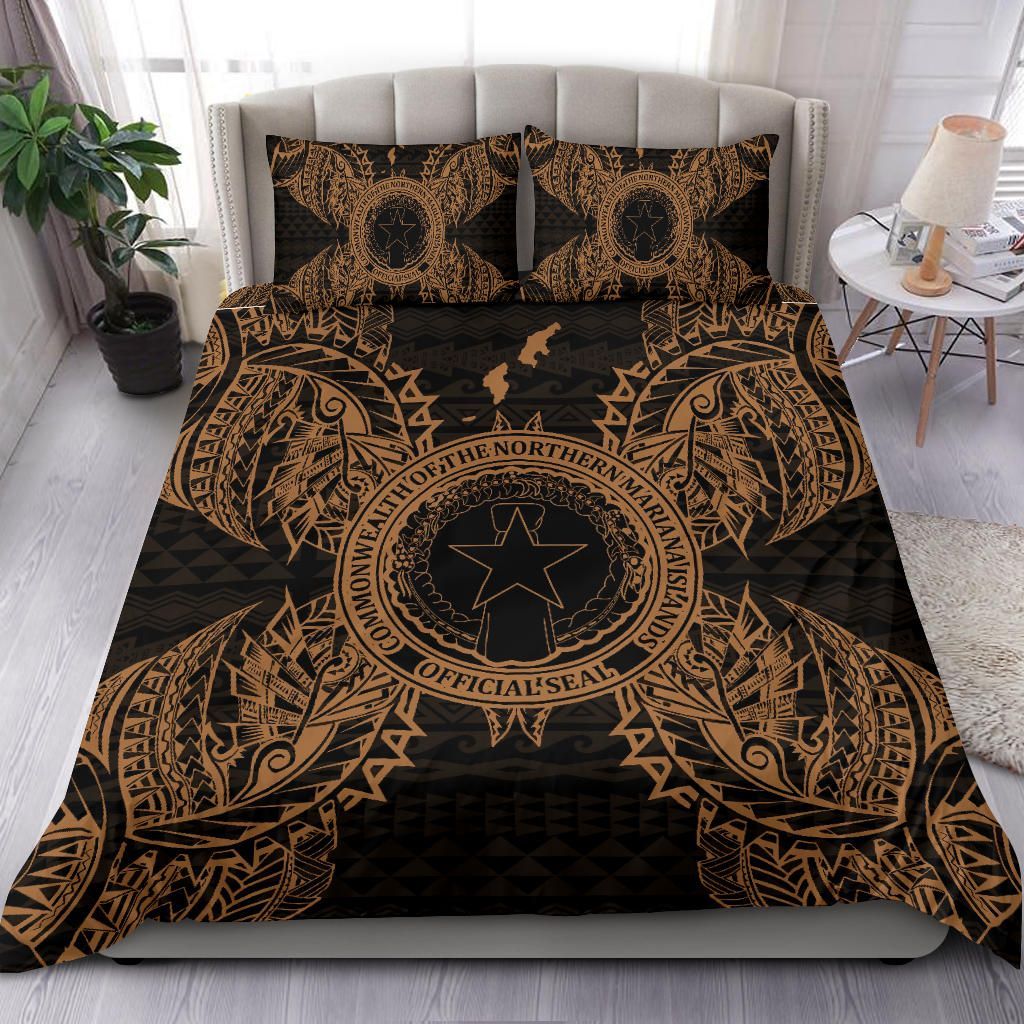 Polynesian Bedding Set - Northern Mariana Islands Duvet Cover Set Map Gold
