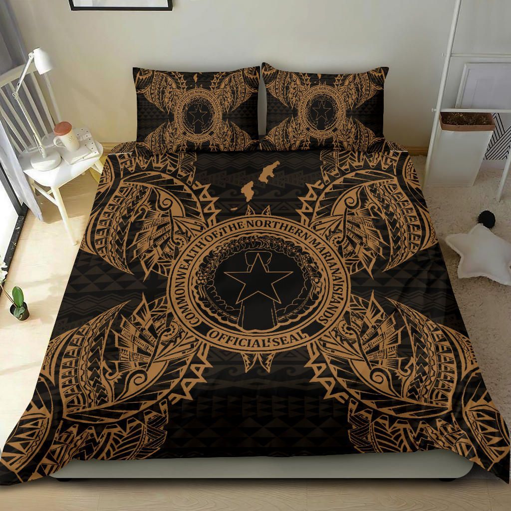 Polynesian Bedding Set - Northern Mariana Islands Duvet Cover Set Map Gold